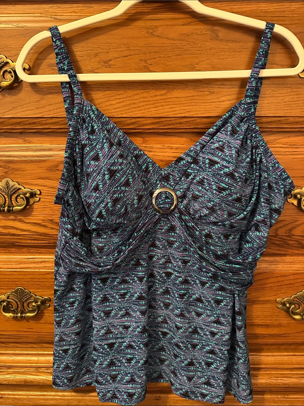 St. John's Bay Blue and Teal Patterned Swim Top with Ring Accent